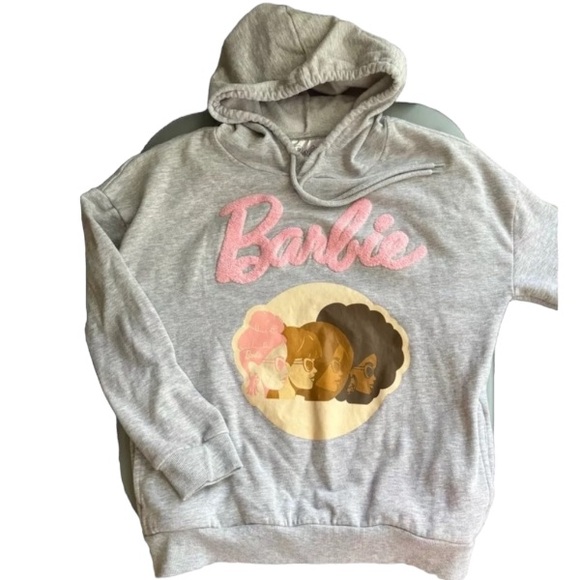 Barbie Tops - Barbie Hooded Sweatshirt Junior’s Small Grey Pink Hoodie Pocket Patch Logo
